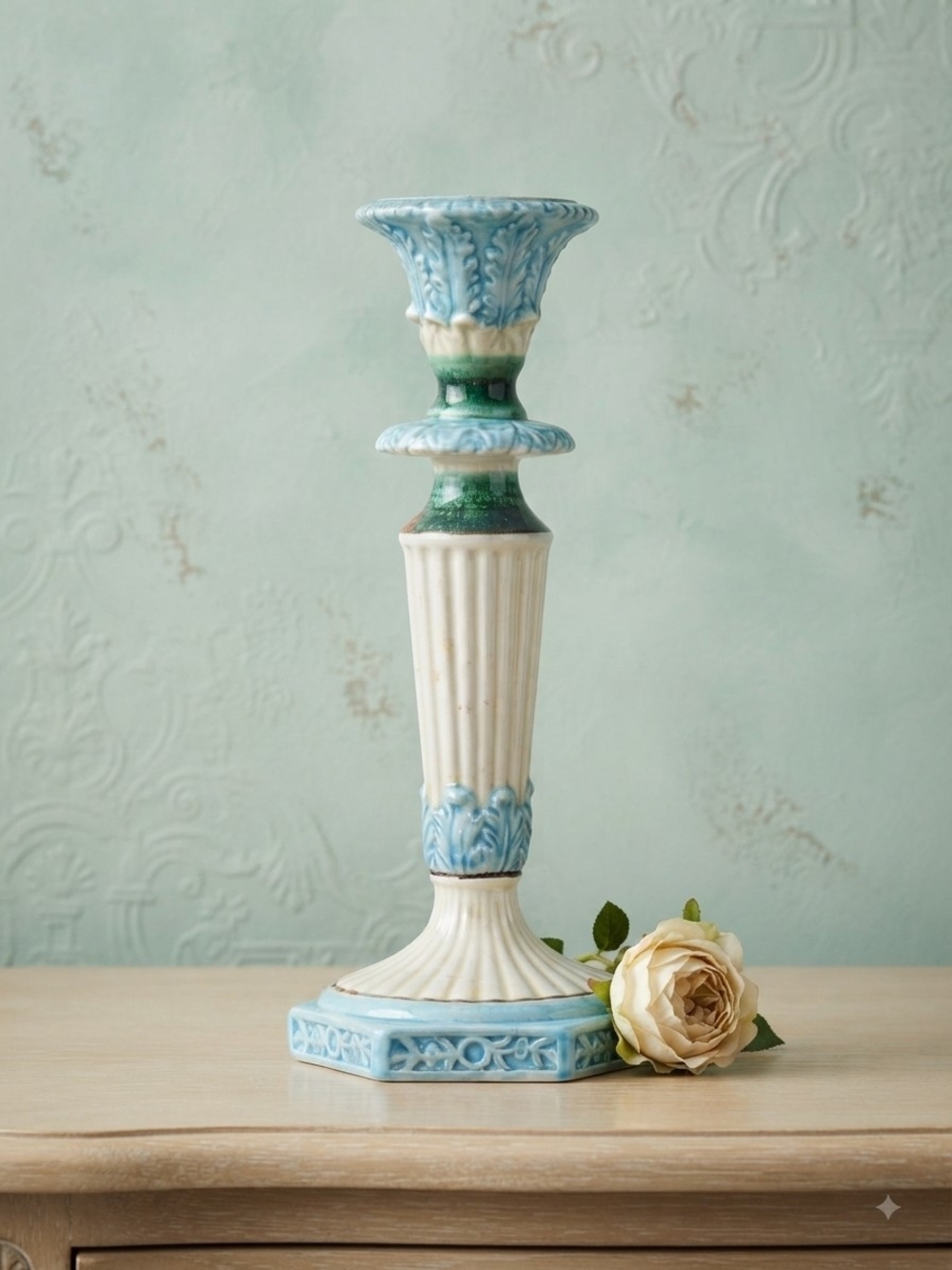 Porcelain Blue and Cream Decorative Candlestick - Home Accents